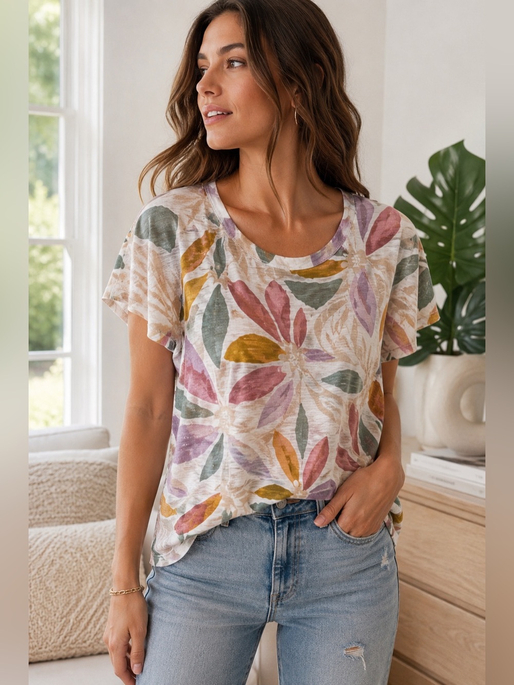Nicole Miller Short Sleeve Tee — Floral Leaf Print in Pink, Green, Gold, Purple